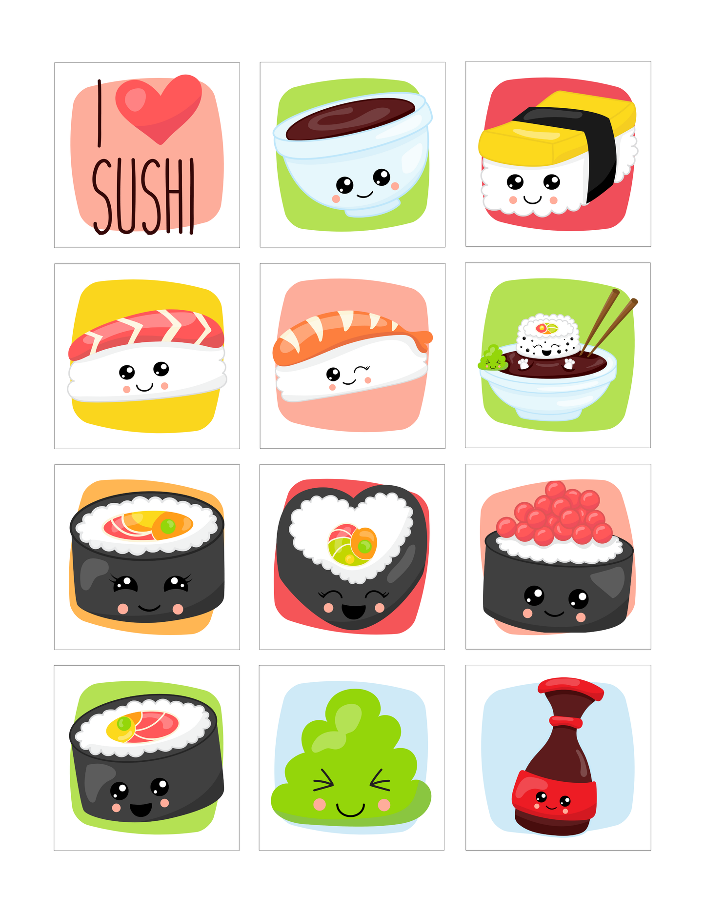12 aimants I love sushi - 2" x 2"